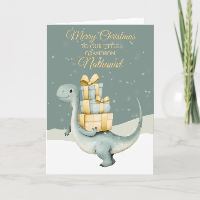 Tarjeta Festiva Dinosaurio de Navidades personalizados (Anverso)
