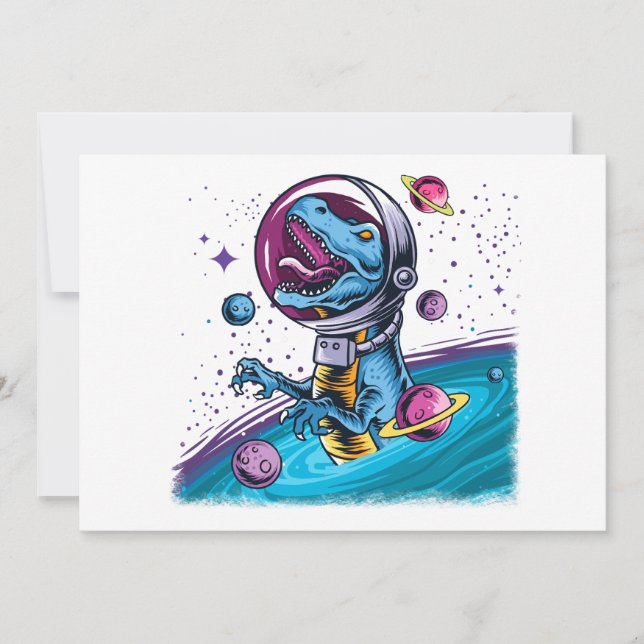Tarjeta Festiva Dinosaurio divertido T-Rex en el espacio (Anverso)