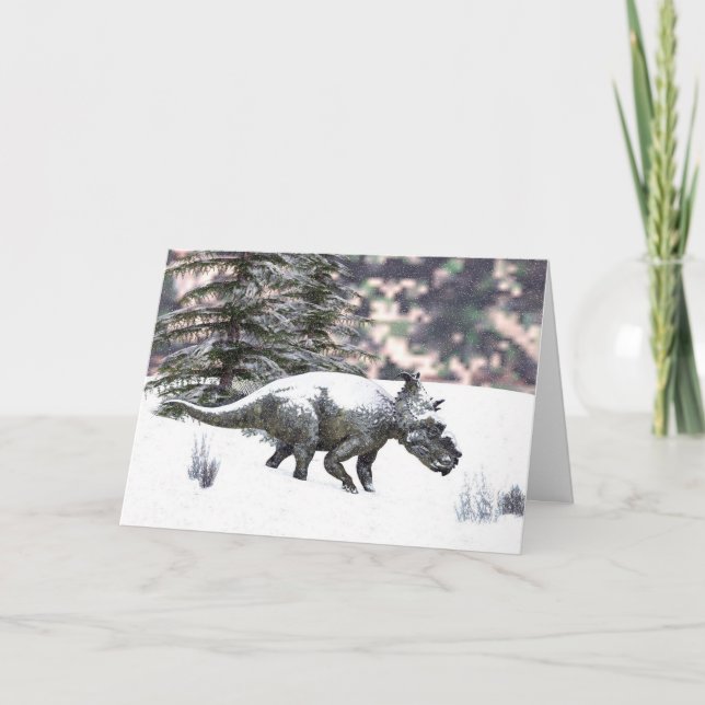 Tarjeta Festiva Dinosaurio en la nieve (Anverso)
