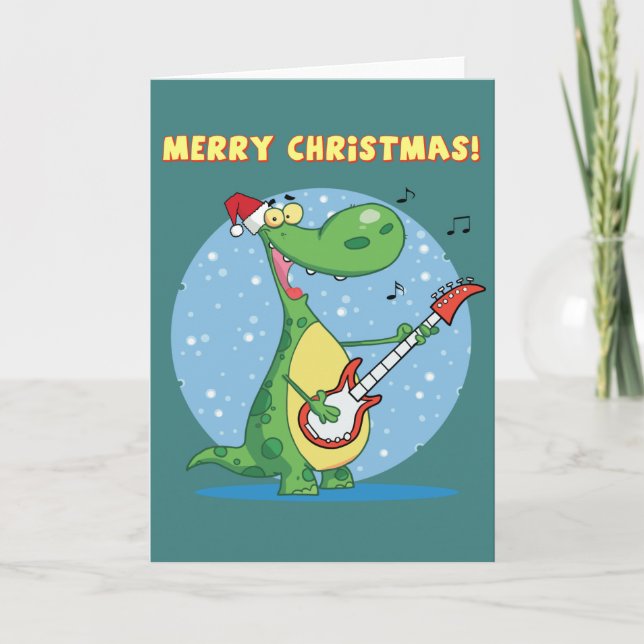 Tarjeta Festiva Dinosaurio Gracioso Juega La Guitarra A Los Navida (Anverso)