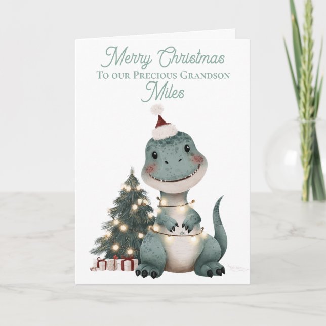 Tarjeta Festiva Dinosaurio Navidades de acuarela personalizada (Anverso)