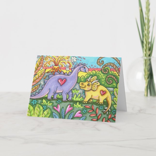 TARJETA FESTIVA DINOSAURIOS PREHISTÓRICOS COLORIDOS, AMIGOS DINO A (Anverso)