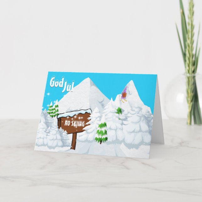 Tarjeta Festiva Dios jul divertido tomte nisse no esquiar vacacion (Anverso)