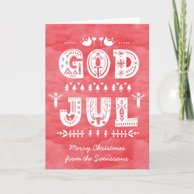 Tarjeta Festiva Dios Jul Navidades suecos con escritura de estilo  (Anverso)