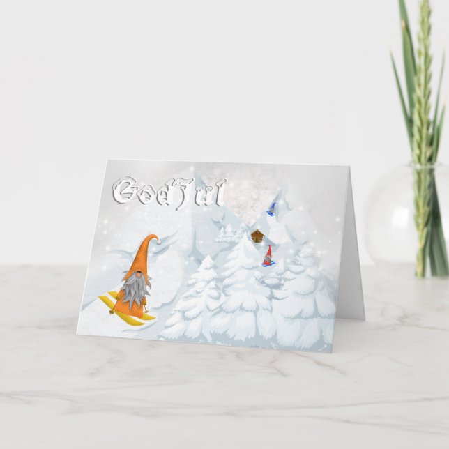 Tarjeta Festiva Dios jul tomate de la montaña de nieve esquiar bos (Anverso)