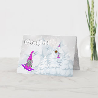 Tarjeta Festiva Dios jul tomte nieve esquiando bosques suecos mode