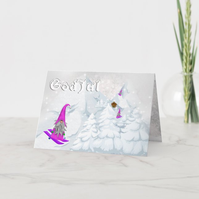 Tarjeta Festiva Dios jul tomte nieve esquiando bosques suecos mode (Anverso)