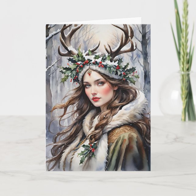Tarjeta Festiva Diosa del solsticio de invierno en el bosque (Anverso)