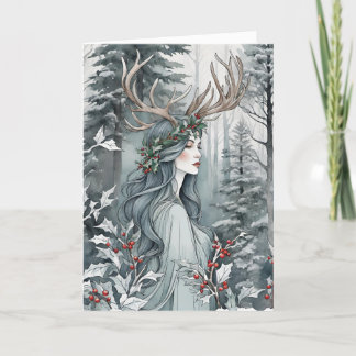 Tarjeta Festiva Diosa del solsticio de invierno en el bosque