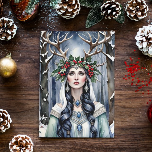 Tarjeta Festiva Diosa del solsticio de invierno en el bosque (Winter Solstice Yule Goddess in a snowy forest)