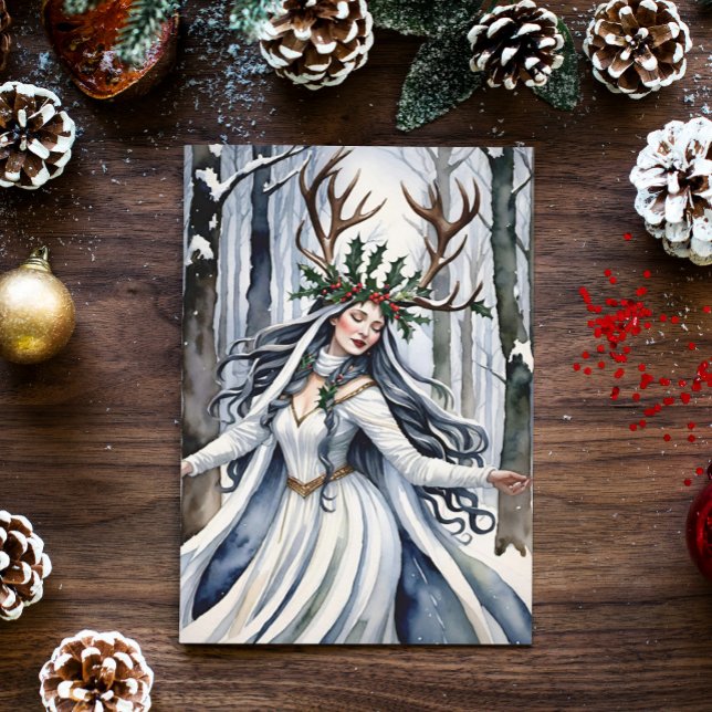 Tarjeta Festiva Diosa del solsticio de invierno en el bosque (Winter Solstice Yule Goddess in a snowy forest)