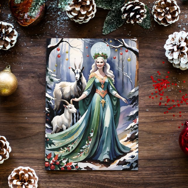 Tarjeta Festiva Diosa del solsticio de invierno Yule Goats en un b (Blessed Yule Winter Goddess and Goats in a Snowy Forest)