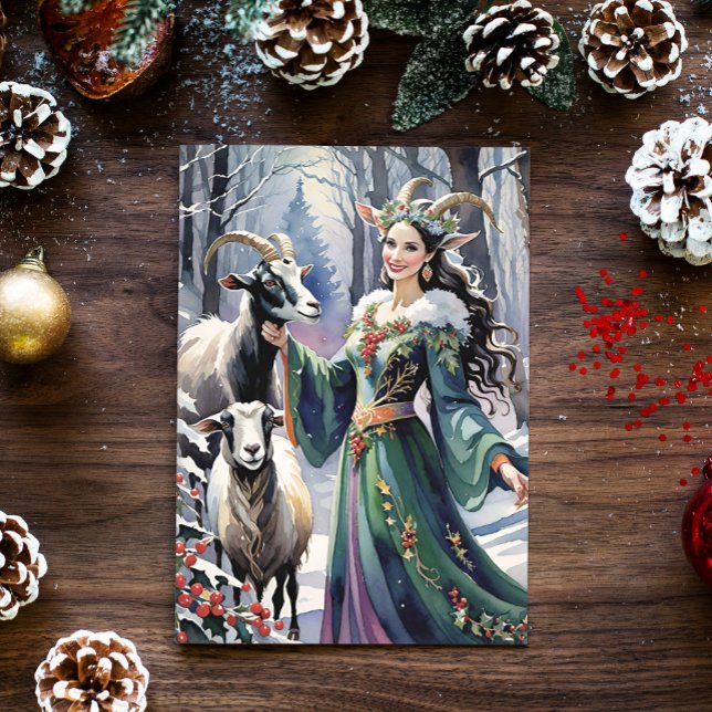 Tarjeta Festiva Diosa del solsticio de invierno Yule Goats en un b (Subido por el creador)