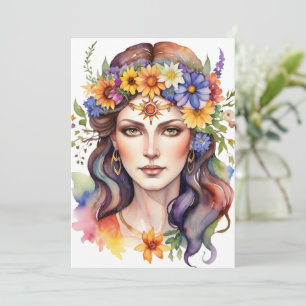 Tarjeta Festiva Diosa del Verano Beltane Floral Wicca Sabbat