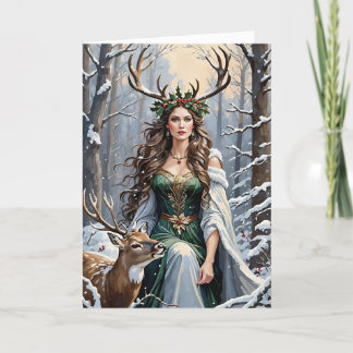 Tarjeta Festiva Diosa y ciervo del solsticio de invierno en el bos