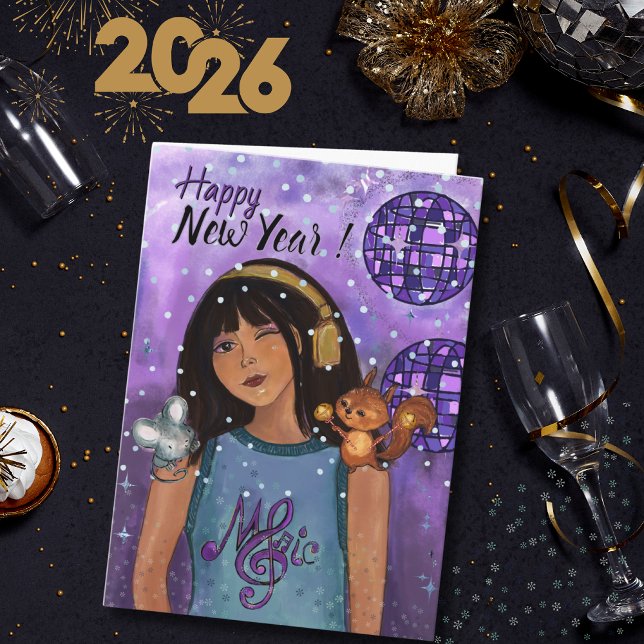 Tarjeta Festiva Disco Diva Whimsical Music Girls Happy New Year  (Disco Diva Whimsical Music Girls Happy New Year Holiday Card)