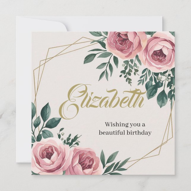 Tarjeta Festiva Diseño con flores acuarelas y acentos dorados (Anverso)