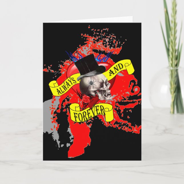 Tarjeta Festiva Diseño de cráneo romántico y tatuajes cardíacos (Anverso)