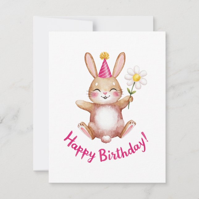 Tarjeta Festiva Diseño de cumpleaños para conejito con margarita (Anverso)
