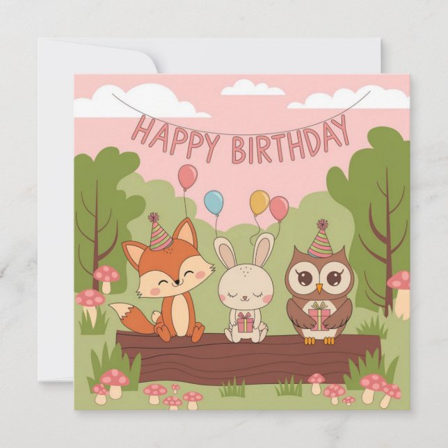 Tarjeta Festiva Diseño de cumpleaños para niños pequeños con Fox,  (Anverso)