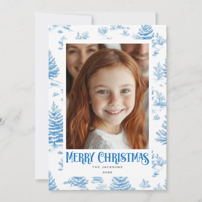 Tarjeta Festiva Diseño de ferias navideñas Blue Toile Holiday (Anverso)