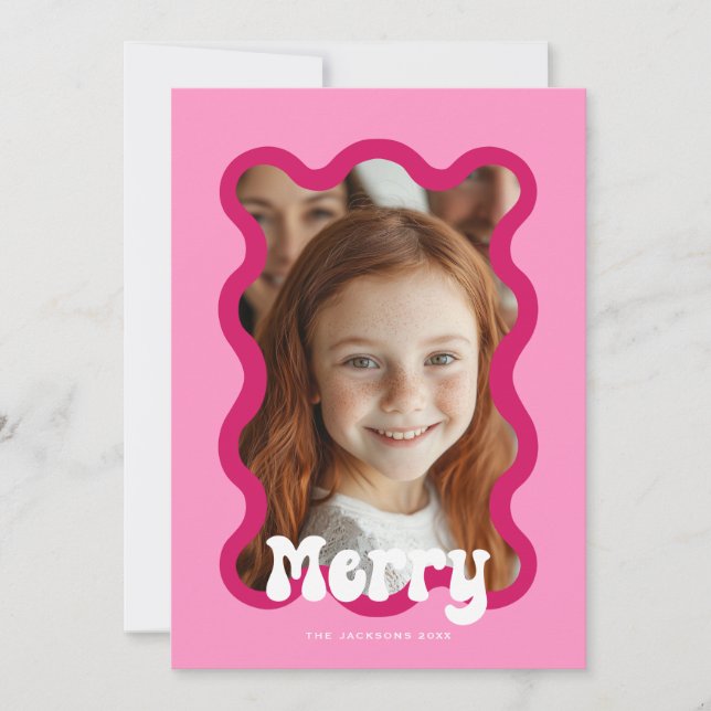 Tarjeta Festiva Diseño de festividades navideñas rosadas en vieira (Anverso)