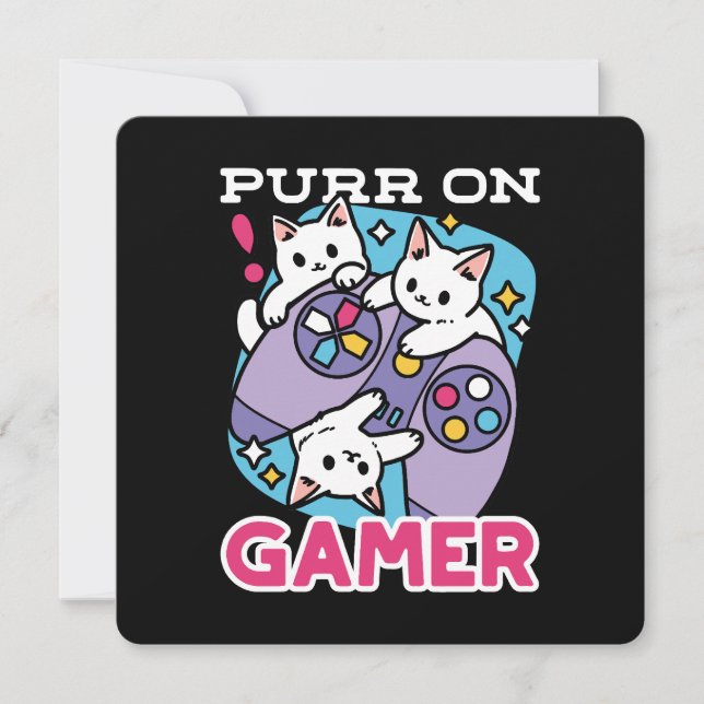 Tarjeta Festiva Diseño De Gato Gamer - Purr En El Arte De Joystick (Anverso)