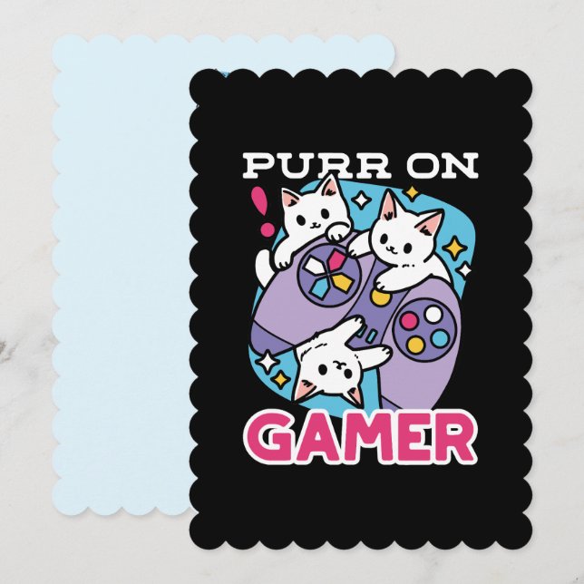 Tarjeta Festiva Diseño De Gato Gamer - Purr En El Arte De Joystick (Anverso / Reverso)