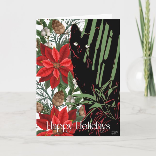 Tarjeta Festiva Diseño de gato negro y poinsettia (Anverso)
