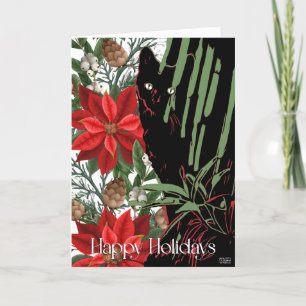 Tarjeta Festiva Diseño de gato negro y poinsettia