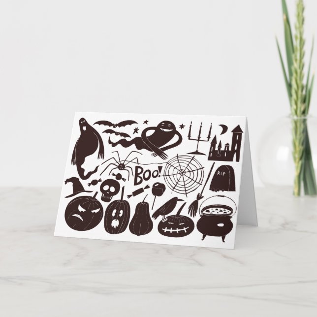 Tarjeta Festiva Diseño de Halloween Fantasmas Calabazas Arañas (Anverso)