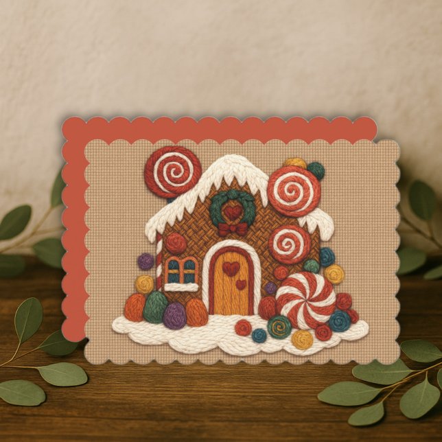 Tarjeta Festiva Diseño de la casa de Gingerbread con bordado de vá (Subido por el creador)