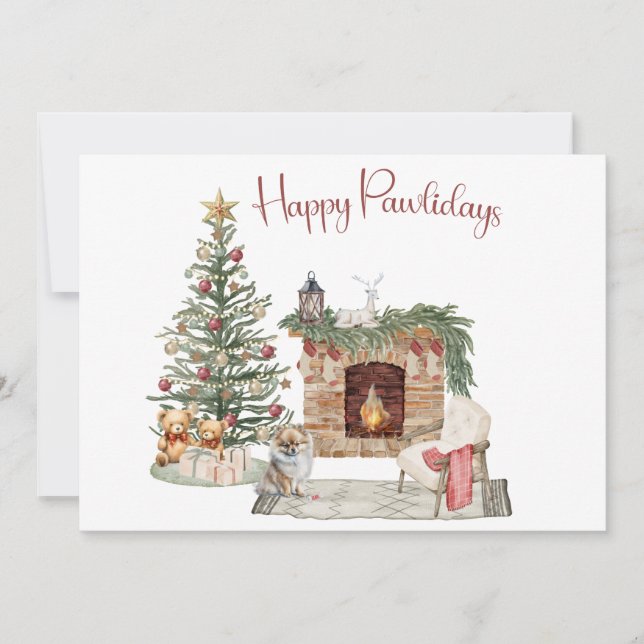 Tarjeta Festiva Diseño de perro de Happy Pawlidays - Pomerania (Anverso)