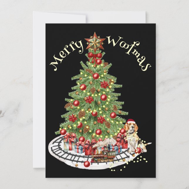 Tarjeta Festiva Diseño de Perro de Merry Woofmas - Beagle (Anverso)