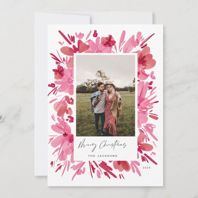 Tarjeta Festiva Diseño de vacaciones de Navidades florales rojas a (Anverso)