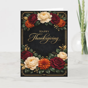 Tarjeta Festiva Diseño Floral de Acción de Gracias con Letra Dorad