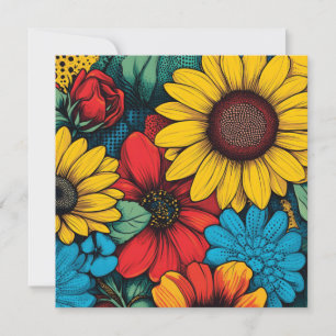 Tarjeta Festiva Diseño floral de arte pop vibrante con girasoles