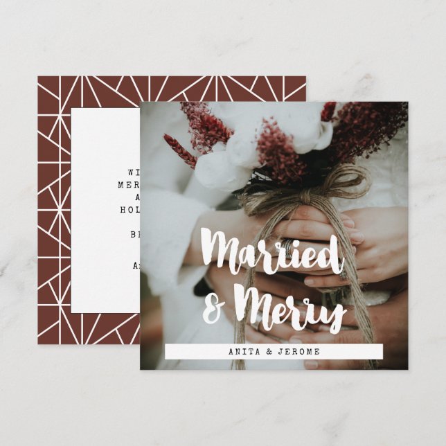 Tarjeta Festiva Diseño moderno Fotografía de recién casados y merr (Anverso / Reverso)