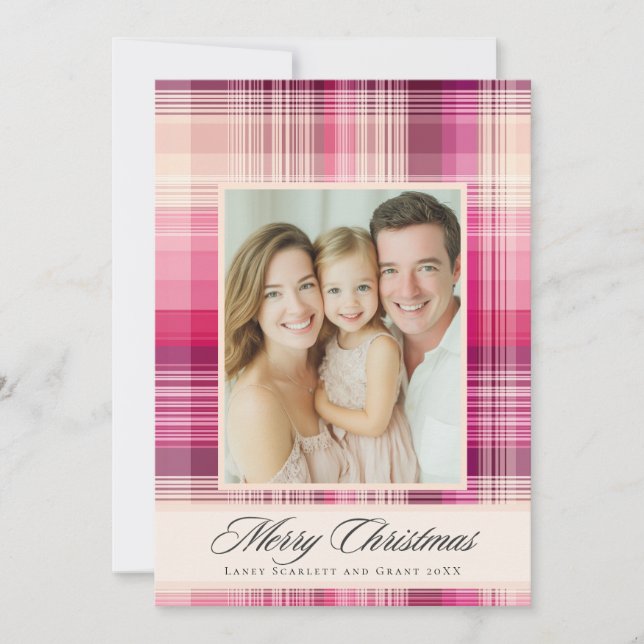 Tarjeta Festiva Diseño navideño de cuadros rosados alegres (Anverso)