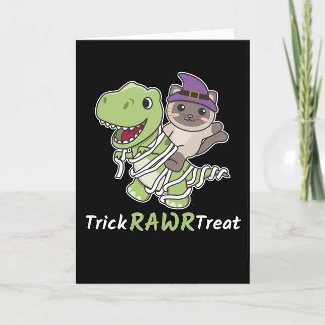 Tarjeta Festiva Disfraz de Momia T-rex Truco Gatito Crudo Tratar (Anverso)