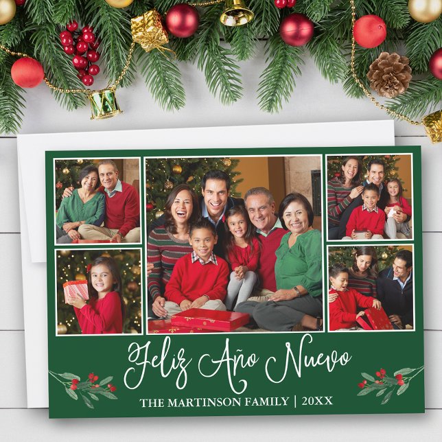 Tarjeta Festiva Diversión caligrafía Feliz Ano Nuevo Verde 5 Foto (Customize to add text to back of card.)