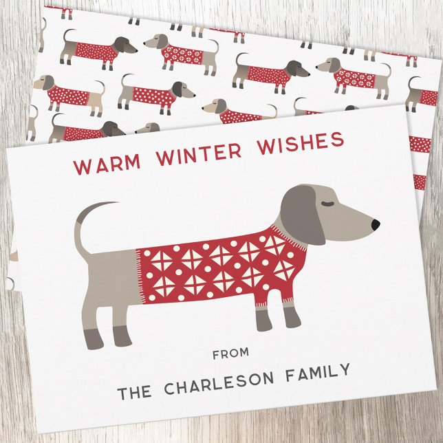 Tarjeta Festiva Diversión con perro Dachshund  (Dachshund Sausage or Wiener Dog in red and white cosy knitwear for a fun Christmas holiday card)
