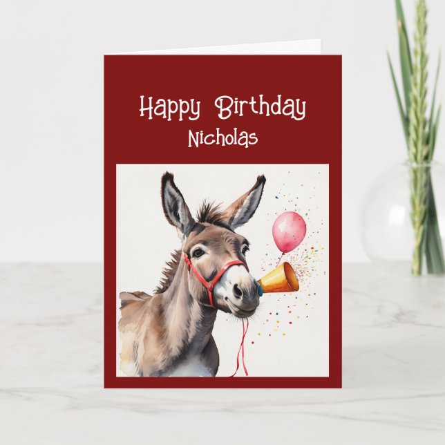Tarjeta Festiva Diversión Cumpleaños Donkey Nombre personalizado H (Anverso)