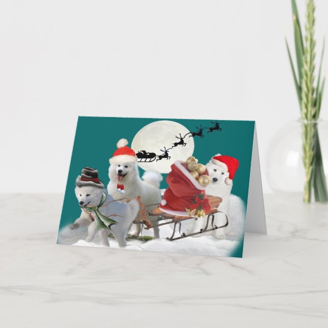 Tarjeta Festiva Diversión de Navidades Samoyed (Anverso)