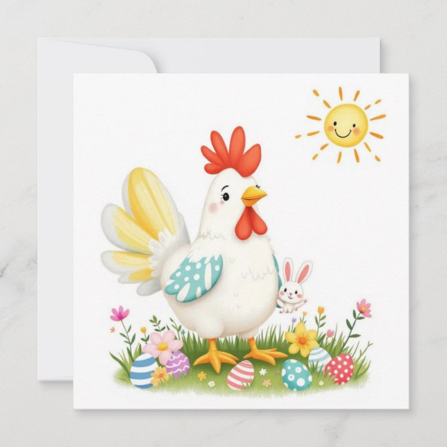 Tarjeta Festiva Diversión de Pascua con pollo y conejo (Anverso)