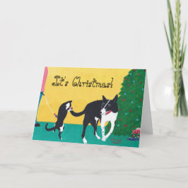 Tarjeta Festiva Diversión de sus Navidades Perro Gato Jugando Cart