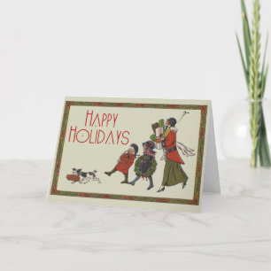 Tarjeta Festiva Diversión familiar de compras navideñas vintage