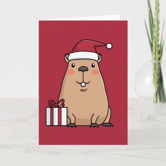 Tarjeta Festiva Diversión navideña de Santa Capybara (Anverso)