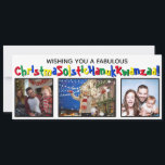 Tarjeta Festiva Diversión Quirky Todo Incluido 3 Colores Primarios<br><div class="desc">Esta original y divertida tarjeta de vacaciones cubre todas las bases. El saludo dice "¡Deseándote una Fabulosa ChristmaSolsticHanukKwanzaa!" - mezclando las palabras Navidades Solstice, Hanukkah y Kwanzaa en una palabra larga. El texto está escrito en una tipografía caprichosa con colores primarios alternos, y hay espacio para subir tres fotos. La...</div>