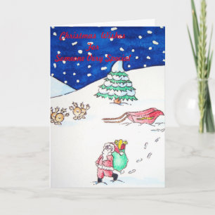 Tarjeta Festiva divertida escena de la nieve de santa y reno